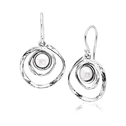 925 Sterling Silver Dangle Drop Earrings with Fresh Water Pearl - Free Form Artisan Handcrafted Design - Hypoallergenic, Nickel & Lead-free, French Wire Back Earrings, Made In Israel - White Cover