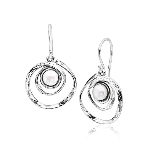 925 Sterling Silver Dangle Drop Earrings With Fresh Water Pearl, Coil Spiral Swirl Antique Finish Lever Back, Hypoallergenic, Nickel And Lead-Free, Artisan Handcrafted Designer Collection, Made In Israel #TOP1