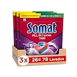 Somat Todo en 1 Extra Pastillas (3 x 26 tabs), detergente lavavajillas anti-olor para vajilla, pastillas lavavajillas para ciclos eco y cortos, eliminan la suciedad incrustada