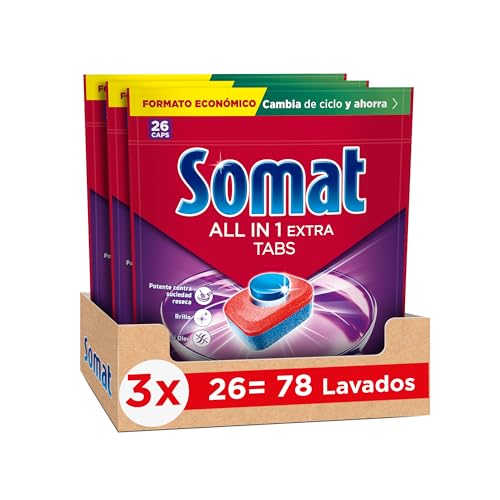 Somat Todo en 1 Extra Pastillas (3 x 26 tabs), detergente lavavajillas anti-olor para vajilla, pastillas lavavajillas para ciclos eco y cortos, eliminan la suciedad incrustada