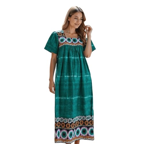 Women's Short Sleeve Teal Lounger House Dress - Contrast Yoke and Hem with Pockets