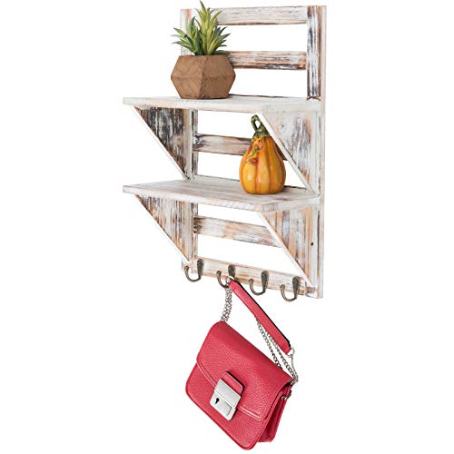 Excello Global Products 2-Tier Rustic Whitewashed Mounted Wood Wall Shelf with Shabby Chic, Farmouse Decor with 4 Hooks. Perfect For Any Room