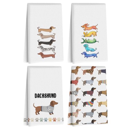 Image of Hanamiya Na 4 Pcs Cute Dachshund Kitchen Towels 24x14 Inch, Dachshund Gifts Reusable Dish Towels for Kitchen Bathroom Decor, Waffle Weave Absorbent Tea Towel, Weiner Dog Gifts for Women Mom Friend