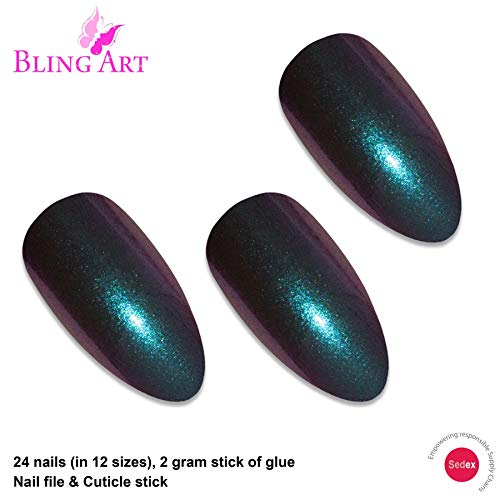 Falsche Nägel Bling Art Grün Lila Chameleon Mandel Stilett 24 Fake Tipps – Bild 3