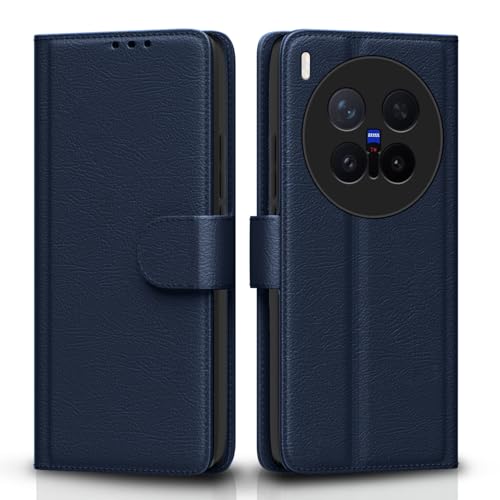 Image of Amazon Basics Flip Cover for Vivo X300 Pro 5G Leather Finish | Wallet Stand and Shock Proof | Inside TPU with Card Pockets | Complete Protection Flip Case (Blue)