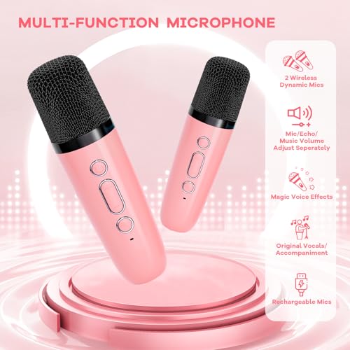 YLL Karaoke Machine for Kids, Portable Mini Speaker with 2 Wireless Microphones, Trendy Toys Birthday Gifts for Girls Ages 3, 4, 5, 6, 7, 8, 9, 10+ Years Old Toddler Singing Family Home Party (Rose) by YLL - Image 6