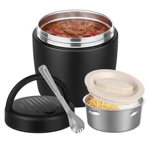 Misonea Thermo for Hot Food 32OZ, Vacuum Insulated Food Jar for Adults, Stainless Steel Soup Thermo Wide Mouth Leakproof Lunch Containers with Spoon for School Office, Black