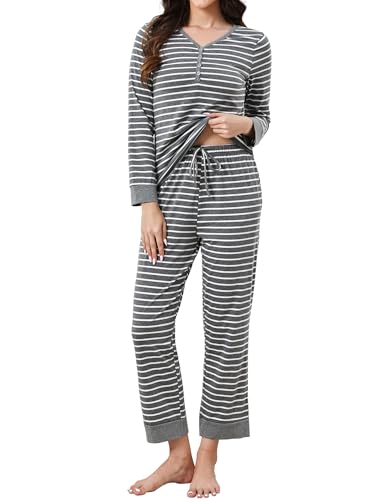 La Mejor Lista de Pijamas de Moda comprados en linea. 43 GAESHOW Pijamas Mujer de Algodón Conjunto Pijama para Mujer Mangas Largas y Pantalones Largos Cuello en V Rayas Ropa de Dormir de Dos Piezas
