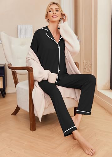 Ekouaer Pajamas Women's Long Sleeve Sleepwear Soft Button Down Loungewear Pjs Lounge Set Nightwear XS-XXL4