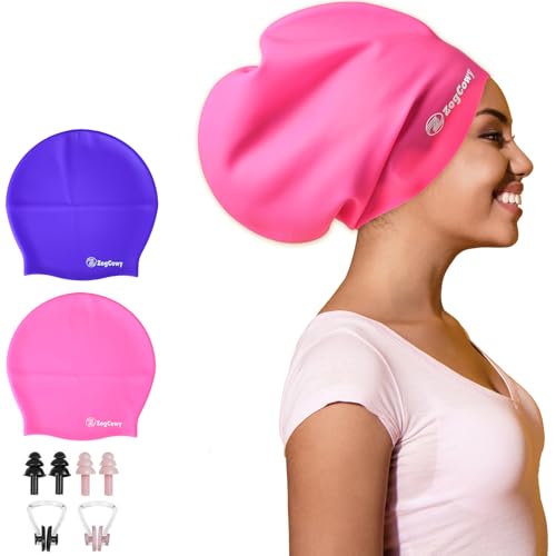 Women Extra Large Swim Cap for Braids and Dreadlocks, Silicone Keep Hair Dry Swimming Caps for Long Hair Extensions Weaves, Waterproof Bath Pool Shower Cap 2 Pack