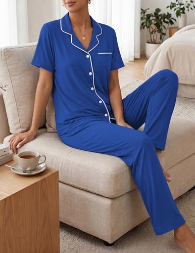 Image of ZMJ Womens Pajamas Sets 2 Piece Button Up Pj Sets Short Sleeve with Long Pant