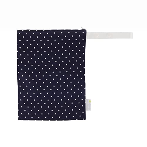 Image of Itzy Ritzy Sealed Wet Bag with Handle – Wet Bag for Travel, Swimsuits, Cloth Diapers, Gym Clothes & Toiletries - Washable & Reusable with Water Resistant Lining - Measures 11” x 14” (Navy Dots)
