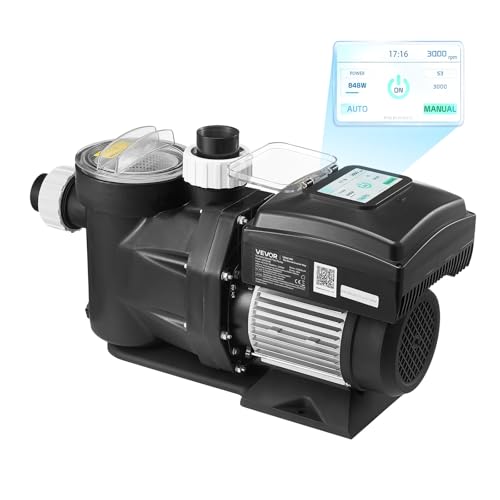 VEVOR Variable Speed Pool Pump, 1.5 HP, AC 220-240V, 115 GPM, In/Above Swimming Pool Pump with Filter Basket, Powerful Self Priming, Programmable Timer, for Inground and Above Ground Swimming Pool