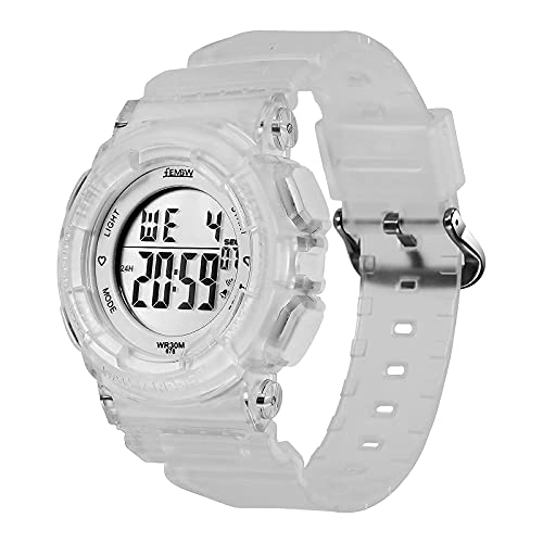FEMBW Sport Digital Armbanduhr mit 7-Farben-Hintergrundbeleuchtung Alarm und Stoppuhr, Harzarmband(Transparent) Cover