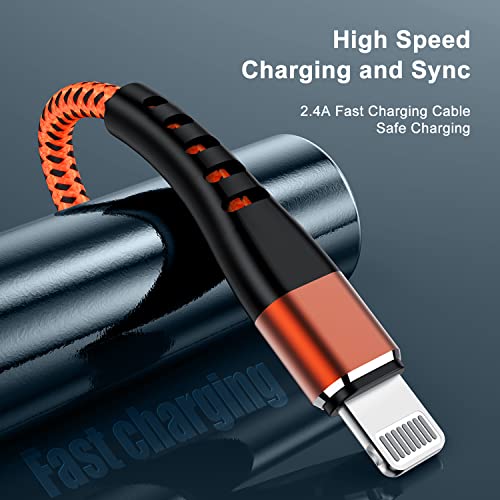 Image of Essri 2Pack for iPhone Charger Cord 6FT, Lighting Cable 6 Feet to USB Charging Cable, Nylon Braided Charging Cord 6 Foot Compatible with iPhone 14 13 12 11 X XS XR 15 Pad -Orange