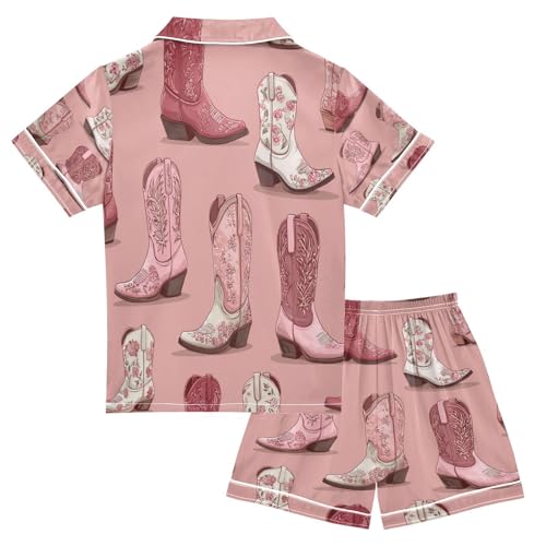 Satin Pajama Sets Short Sleeve Floral Cowboy Boots Button Down Silky Nightwear 2 Piece PJS 5-14Y2
