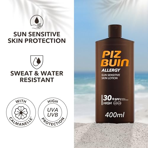 Piz Buin Allergy Lotion SPF 30 (400ml), Nourishing Sunscreen to Protect Sensitive Skin, Moisturising Lotion for Hours of UVA/UVB Protection, Sweat & Water Resistant, Protects Sensitive Skin