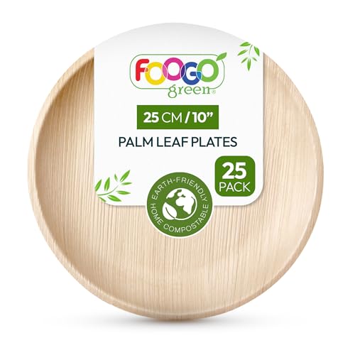 FOOGO Green 25pcs Disposable Palm Leaf Plates, 10(25cm) Large Round, Eco Friendly Biodegradable Compostable Like Wooden, Bamboo, Paper Plates, for Hot Food, Wedding Picnic Parties