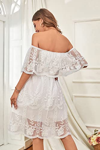 Hoyishion Women's Off The Shoulder Lace Mini Dress White Bridal Shower Bridesmaid Wedding Guest Party Short Dresses #TOP2