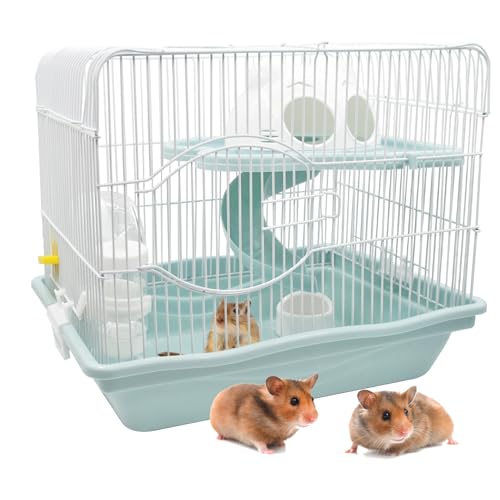 MUYG 2-Tier Portable Hamster Cage and Habitats Travel Metal Mouse Cages with Free Water Bottle Houses and Exercise Wheel for Any Breed of Hamster and Small Animal (14.6x11.0x11.8inch Light Blue)