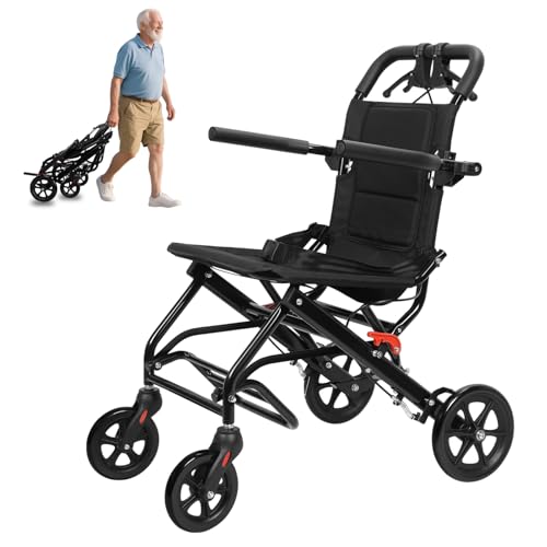 Sedia a rotelle pieghevole leggera con freni a mano per adulti e anziani, sedia da viaggio ultra leggera, sedia a rotelle da viaggio con porte strette, capacità di 99,8 kg, sedia a rotelle portatile A