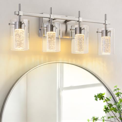 Image of 4-Light Brushed Nickel Vanity Light with 3 Color Modes (3000K /4000K /6000K), Eye Protection LED Bathroom Light Fixture, Dimmable Modern Wall Light Over Mirror with Clear Glass Shade