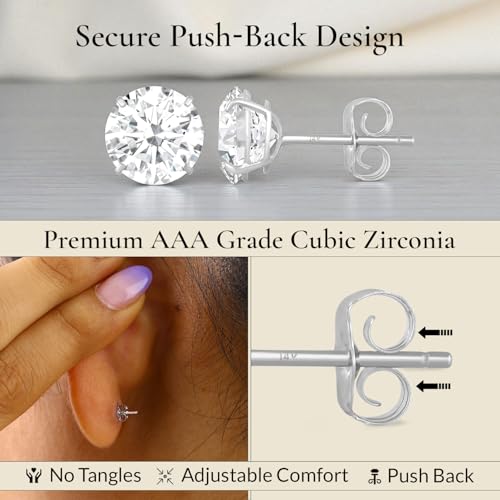 14k Gold Solitaire Round Cubic Zirconia CZ Stud Earrings for Women & Men with 14k Gold Butterfly Push Backings | 4MM-8MM with Gift Box4