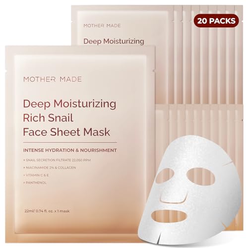 MOTHER MADE Glowing Glass Skin Hydrating Snail Deep Collagen Face Masks Set of 20 EA, with Niacinamide 2%, Vitamin E, Facial Mask for Dry, Sensitive Skin, Self Care, Korean Skincare