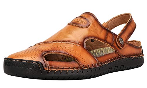 JIONS Mens Closed Toe Leather Sandals, Men's Outdoor Fisherman Hiking Walking Sport Adjustable Slip on Summer Beach Sandals (A/Yellow Brown, 43/9.5 US)