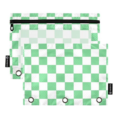 Image of Green-White Lattice Pencil Pouch for 3 Ring Binder with Zipper 2 Pack Binder Pouches Cosmetic Bag with Clear Window