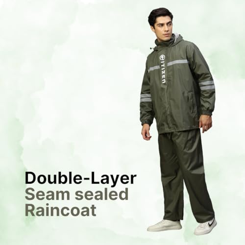 Image of Citizen Raincoat for Men with Adjustable Hood, Waterproof Pant and Carry Pouch | Reflective Strips Standard Length| Double Layered Tapping Rubberized Fabric | Durable & Lightweight Rainsuit