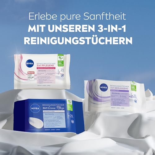 NIVEA Reinigungstücher 3in1 Pflegend, Abschminktücher mit Glycerin und Mandelöl für wasserfestes Make-Up, sanfte Gesichtsreinigung für trockene & empfindliche Haut (25 Stück)