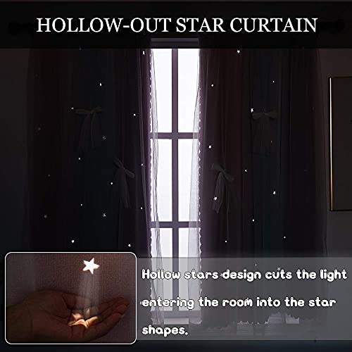 Image of Yancorp Curtains for Girls Bedroom Kids Curtain Hollow-Out Star Window Nursery Curtain 72 inches Length Room Darkening Grommet 2 Layers (Pink Purple, W52 X L84)