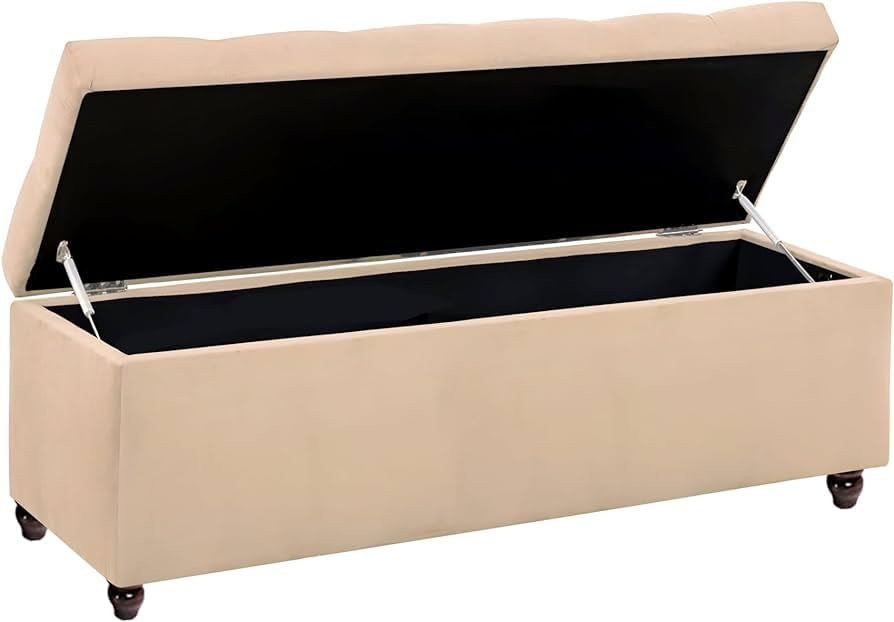 Image of Velvet Storage Ottoman Bench | Tufted Upholstered 2 Seater Bench with Hidden Storage | End of Bed Bench for Bedroom Living Room Entryway Seating | Modern Footrest Lounge Seat with Wooden Legs | Beige