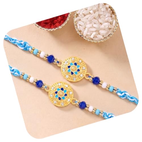 Image of Peora Rakhshabandhan Thread Rakhi for Brother Bhaiya | Kundan Beads & Crystal Studded | Combo Set of 2 | Rakhi Hamper Roli Chawal & Greeting Card