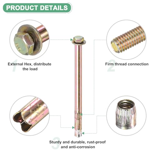 Image of M METERXITY 20-Pack Hex Expansion Bolt, M6x120mm Colored Galvanized Iron-Carbon Steel External Hex Expansion Bolts, Anti-Corrosion Metal Bolt for Concrete /Dry Brick /Block Walls
