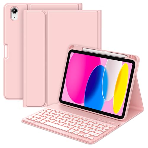 MMK Hülle mit Tastatur für iPad A16 11 Generation 2025/10 Generation 2022(11/10.9 Zoll) 7-Farben Beleuchtung Abnehmbare Kabellose Bluetooth Tastatur Schutzhülle mit Stifthalter QWERTZ Rosa