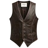 RABCHI Women’s Leather Vest Rich Brown Lambskin Waistcoat V Neck Button Up Slim Fit Motorcycle Biker Western Adjustable Back Strap (US, Alpha, Medium, Regular, Regular, Dark Distressed Brown)