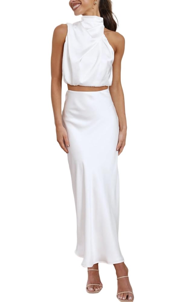 Abiti da Donna in Raso 2 Pezzi Estate Senza Maniche Mock Collo Crop Top e Gonna Lunga Abito Set