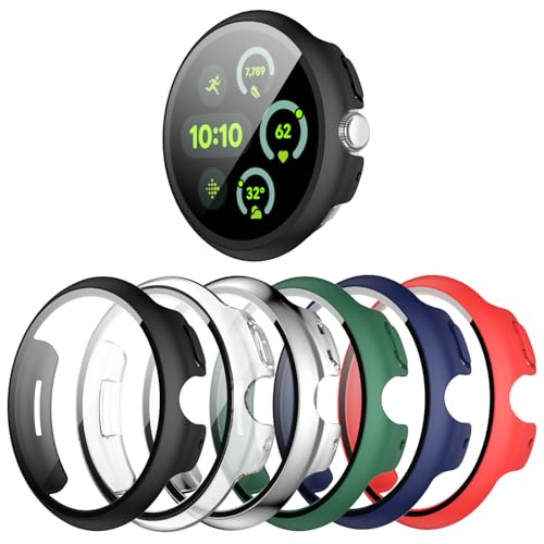 shenou [6-Pack] Case for Google Pixel Watch 3 45mm (2024 New) Hard PC Shockproof Bumper Cover with Tempered Glass Screen Protector for Google Pixel Watch 3 45mm