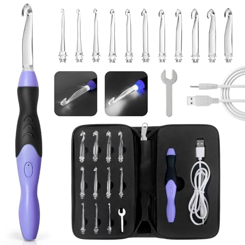 Light Up Crochet Hook Sets 11 Sizes Interchangeable Lighted Crochet Hook Set LED Rechargeable Crochet Hooks for Dark Yarn Ergonomic Grip Crochet Kit for Beginners Crochet Needles Kit with Case
