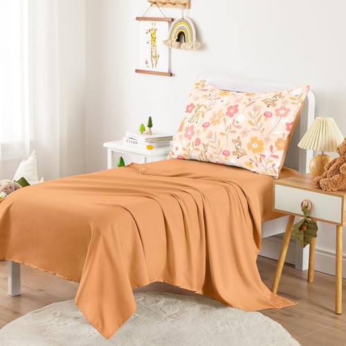 Image of Wake In Cloud - Floral Toddler Bedding Set for Girls, Cute Colorful Botanical Flowers with Deers, 4 Pieces Soft Crib Bed Set Including Comforter, Sheets and Pillowcase, Orange Brown