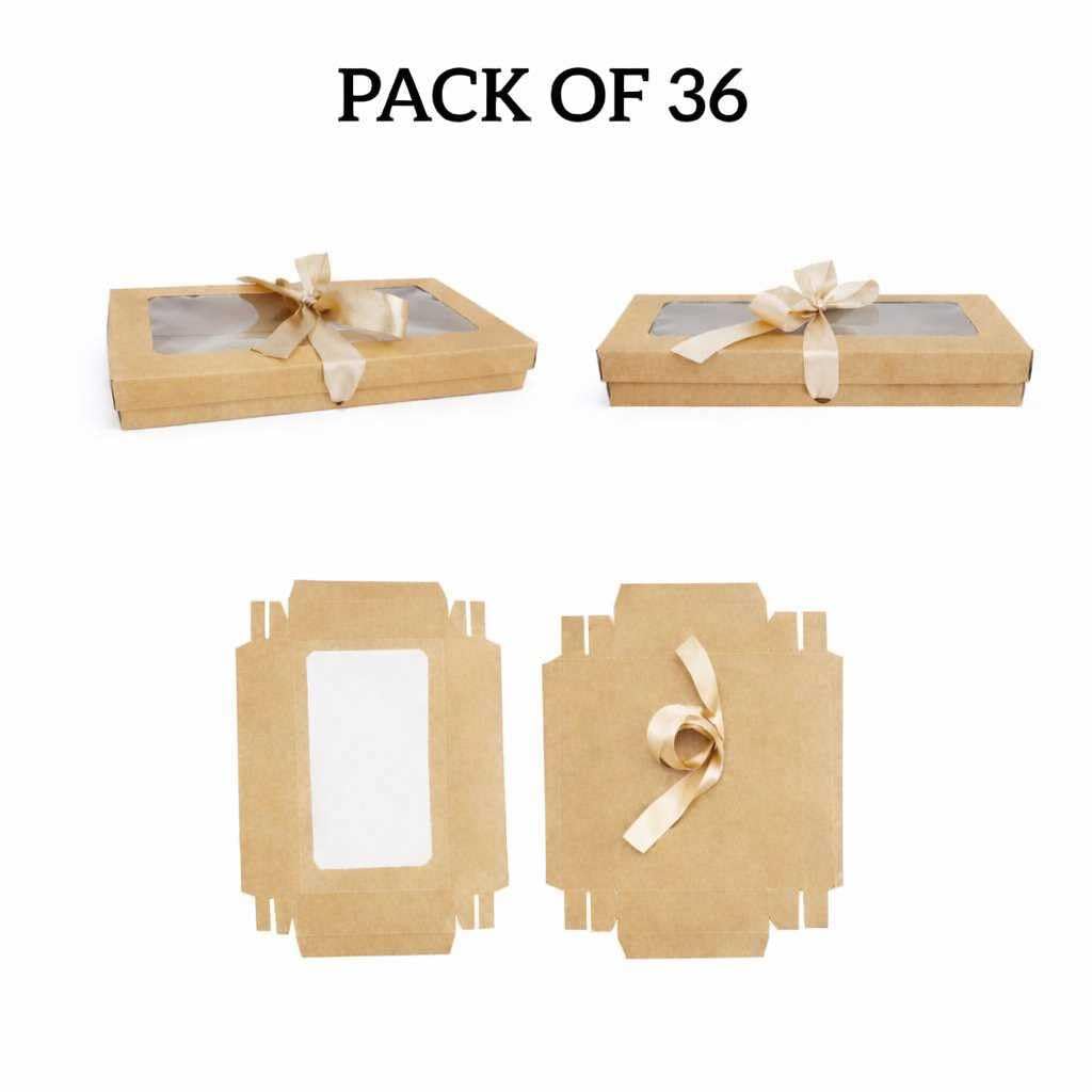 Emartbuy 36 sztuk prostokątnych pudełek prezentowych, 25 x 15 x 5 cm, brązowe pudełko typu kraft z przezroczystą pokrywką i satynową wstążką