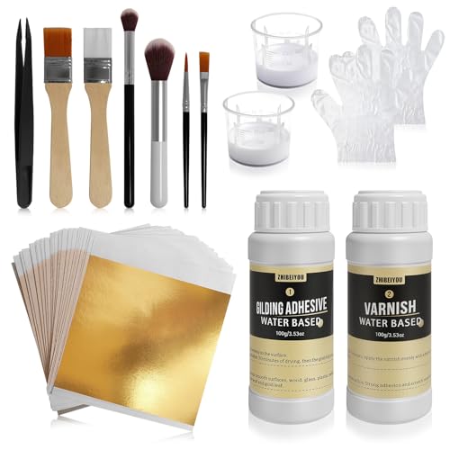 Gold Leaf Gilding Adhesive Kit Gold Leaf Sheets 100 pcs 3.53oz Water Based Glue and Varnish 6 Brushes for Furniture Craft Painting and Arts All-in-One Gold Foil Set