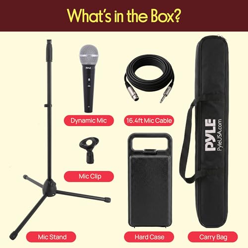 Professional Handheld Dynamic Microphone Kit - Unidirectional Vocal Wired Microphone w/Carry Bag, Metal Mic Stand, Holder/Clip & 16.4ft XLR Audio Cable to 1/4'' Audio Connection - Pyle PDMIC88ST by Pyle - Used condition - US$36.90