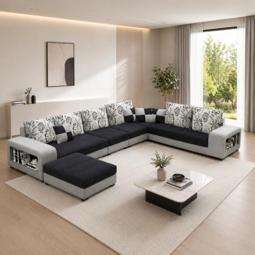 Image of Allister 12 Seater Sofa Set for Living Room (Black-Grey) | Interchangeable U Shape Sectional Sofa | Solid Wood Frame & High-Density Supersoft Foam | Includes Puffy & Stool | Modern Home Furniture