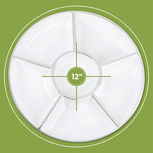 Plasticpro 6 Sectional Round Plastic Serving Tray/Platters White & Silver Pack of 8