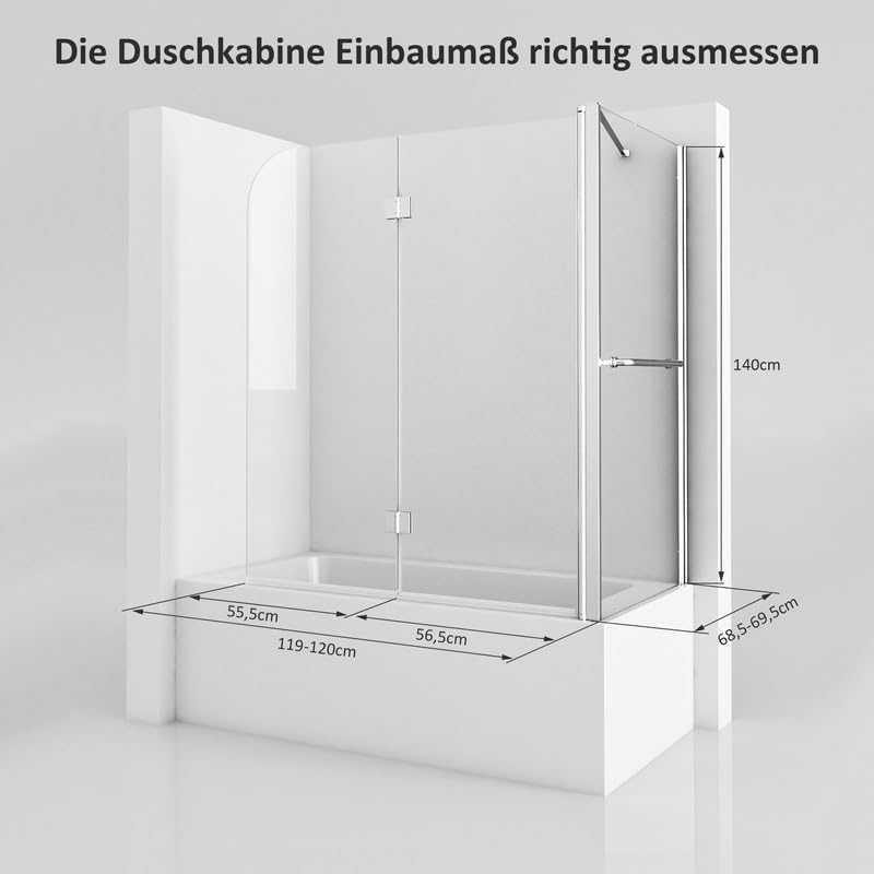 Duschwand für Badewanne mit Seitenwand 70x120x140cm 2-teilig Faltbar Duschtrennwand, Duschabtrennung Badewannenaufsatz aus 6mm ESG Nano Sicherheitsglas, 70+120cm Eck Badewannenfaltwand