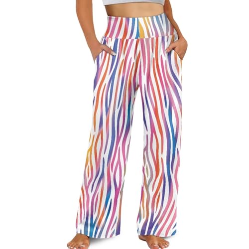 YEXIATODO Zebra Primt Wide Leg Lounge Pants Colorful Palazzo Pants for Women Trousers Pant Casual High Waist Flowy Linen Elastic Comfy Summer Beach Pant