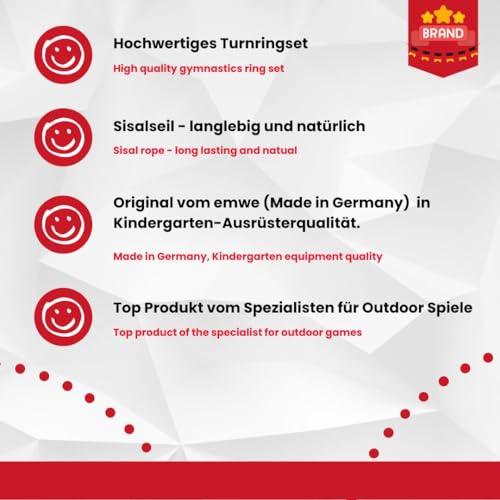 Turnringe Set für Kinder Schaukelringe Seillänge ca. 130 cm verstellbar Traglast 50 Kg. Qualität von emwe - 2593